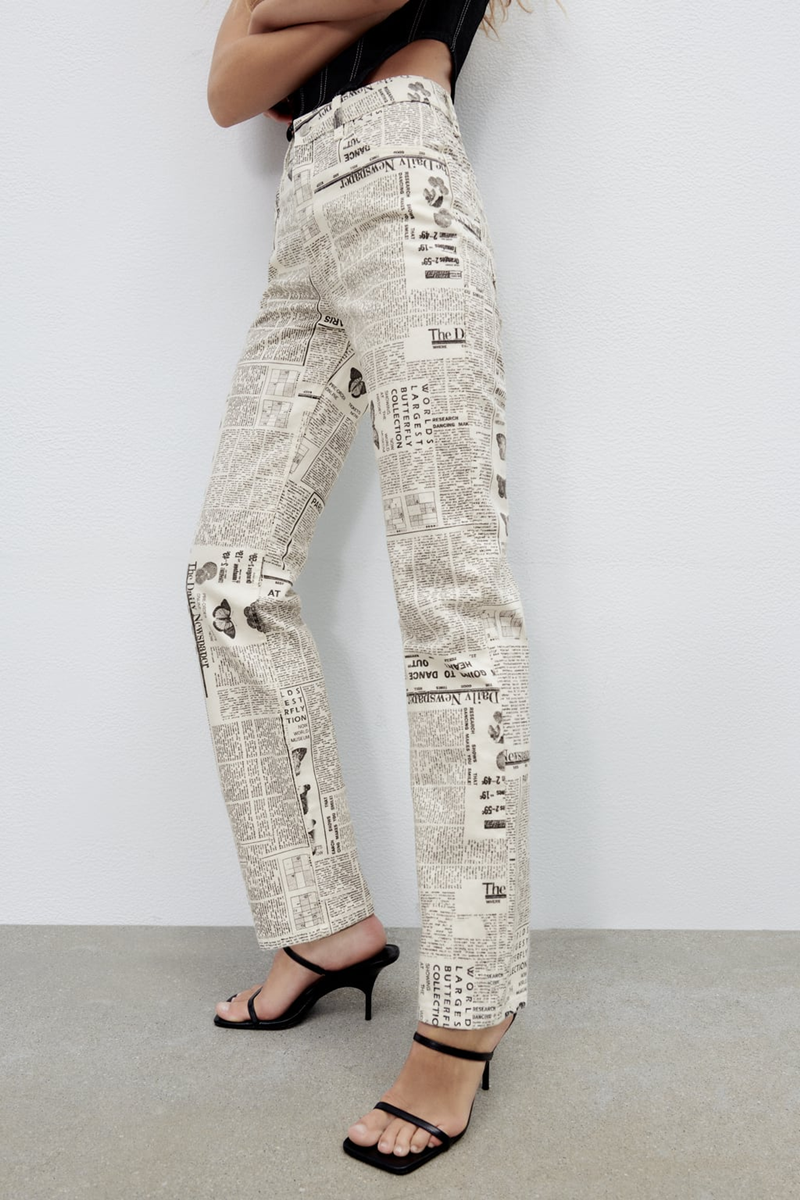 Beige Print Straight Patchwork Pants