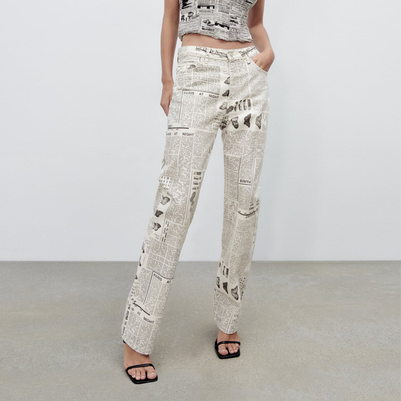 Beige Print Straight Patchwork Pants