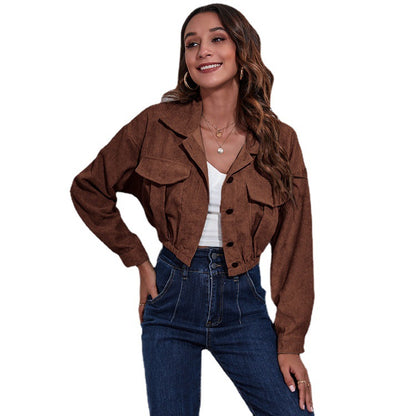 Corduroy Drop-shoulder Long-sleeve Short Jacket