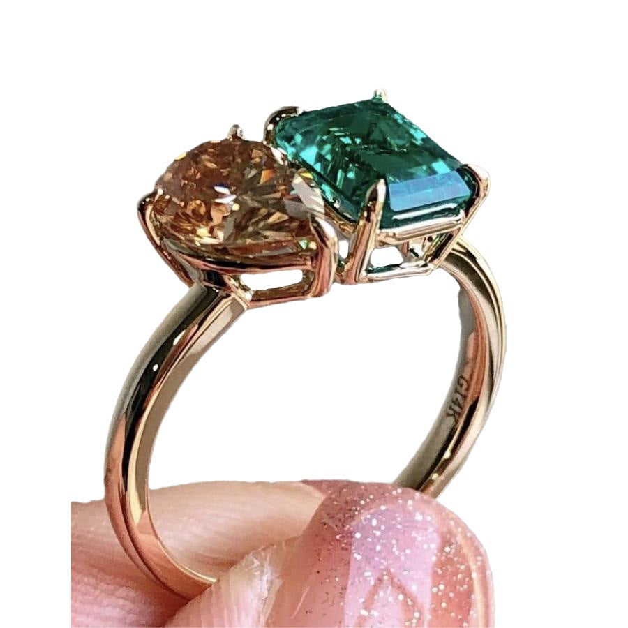 Creative Double Main Stone Lady Green Yellow Zircon Square Stone Ring