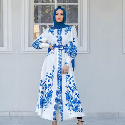 Blue And White Porcelain Printed Standing Neck Single Breasted Dress