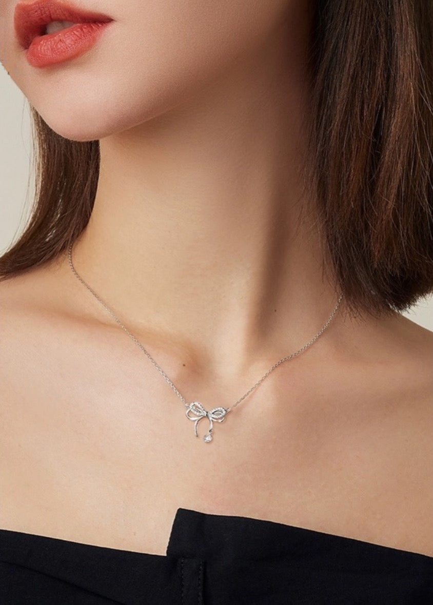 Women's Bow Necklace 999 Sterling Silver Clavicle Chain