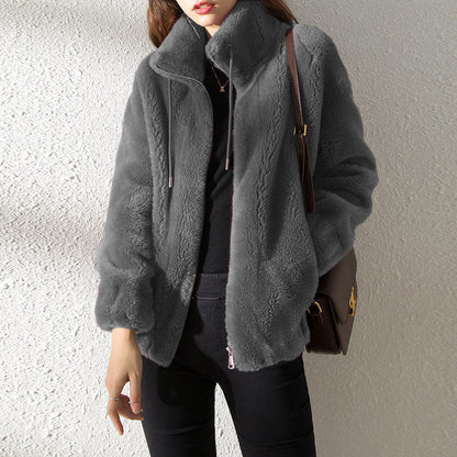 Double Faced Fleece Warm High Neck Sweater Women Cardigan