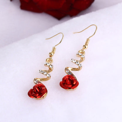 Red Rose Drop Big Rhinestone Earrings