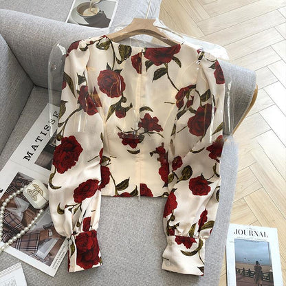 Rose Printed Square Collar Shirt For Women