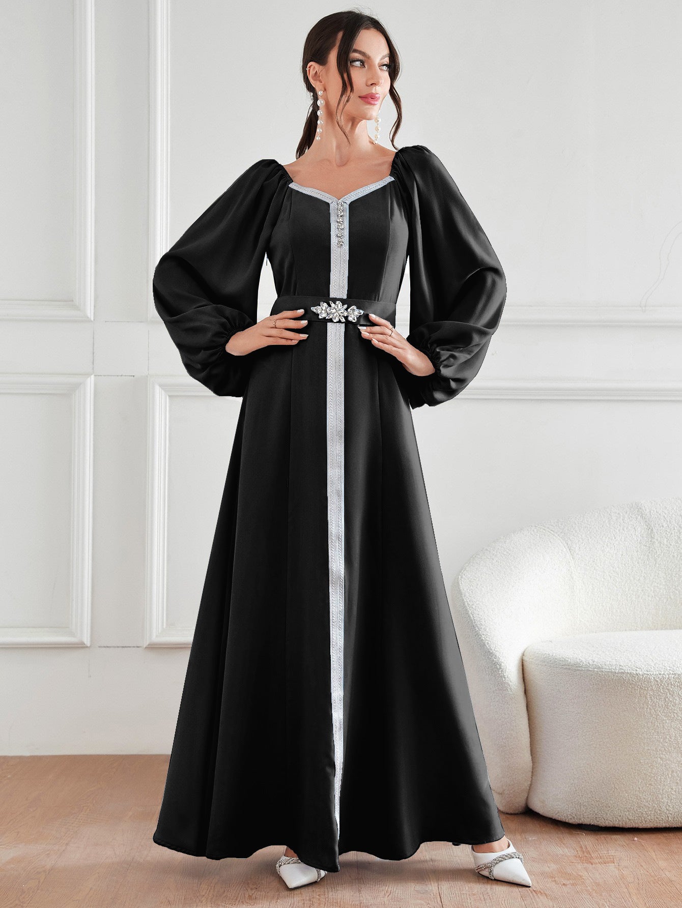 High Waist Rhinestone Dress Robe