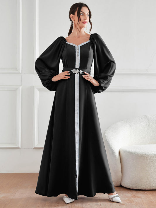 High Waist Rhinestone Dress Robe