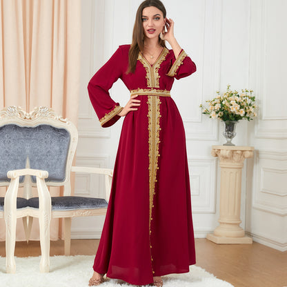 Solid Color Stitching Embroidery Long-sleeved Dress