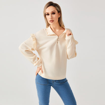 Casual Ruffle Trim Half Zip Sweater