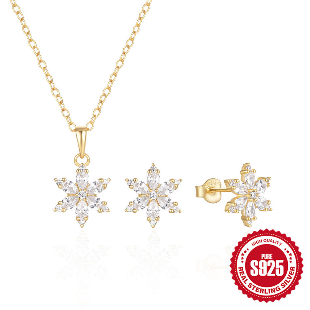 Sterling Silver Crystal Snowflake Ear Stud Necklace Set