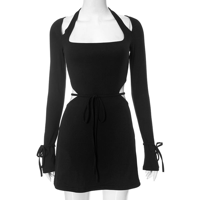 Long Sleeve Square-neck Bell Sleeve Strap Hot Girl Dress