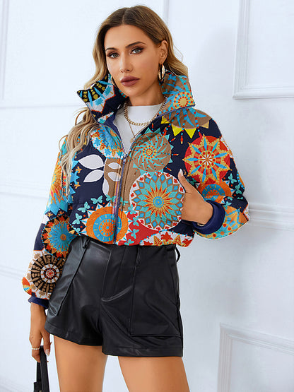 Print Stand Collar Short Jacket