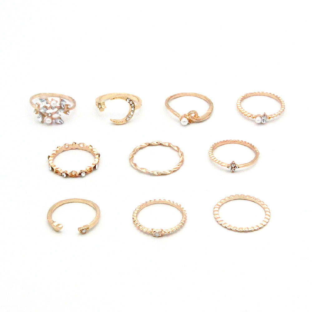 Bohemian Star Moon Love Pearl Leaf 10-Piece Ring set