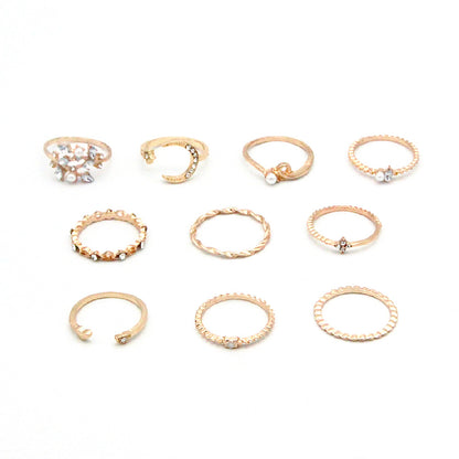 Bohemian Star Moon Love Pearl Leaf 10-Piece Ring set