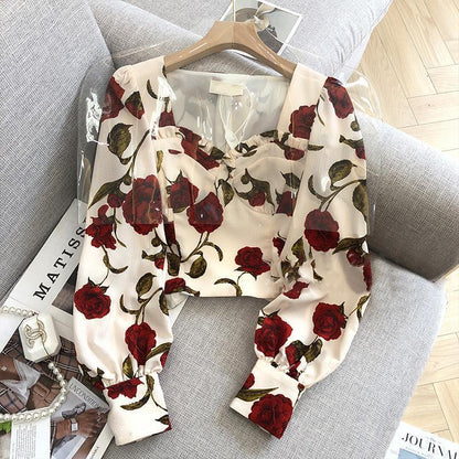 Rose Printed Square Collar Shirt For Women