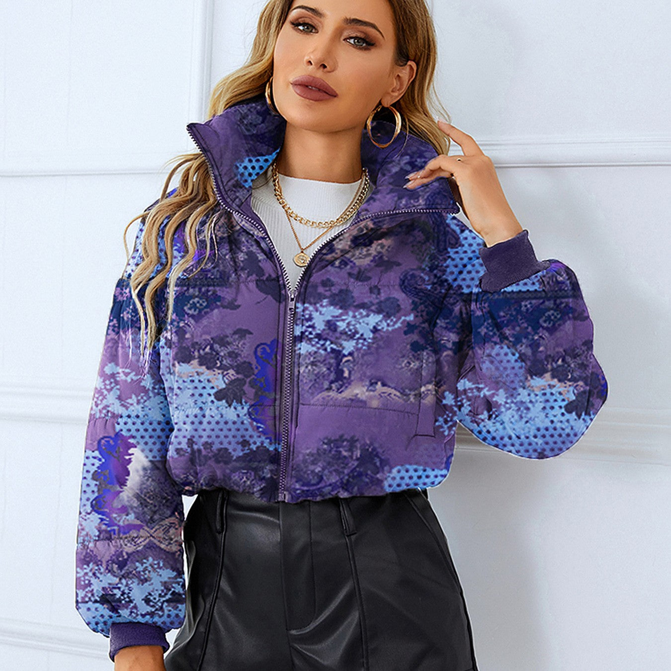 Print Stand Collar Short Jacket