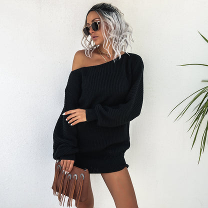 Casual Off Shoulder Lantern Sleeve Knitted Sweater Dress