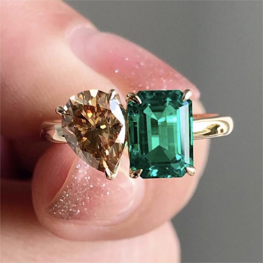 Creative Double Main Stone Lady Green Yellow Zircon Square Stone Ring