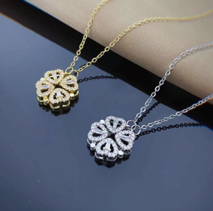 Magnetic Folding Heart Shaped Four Leaf Clover Pendant Necklace