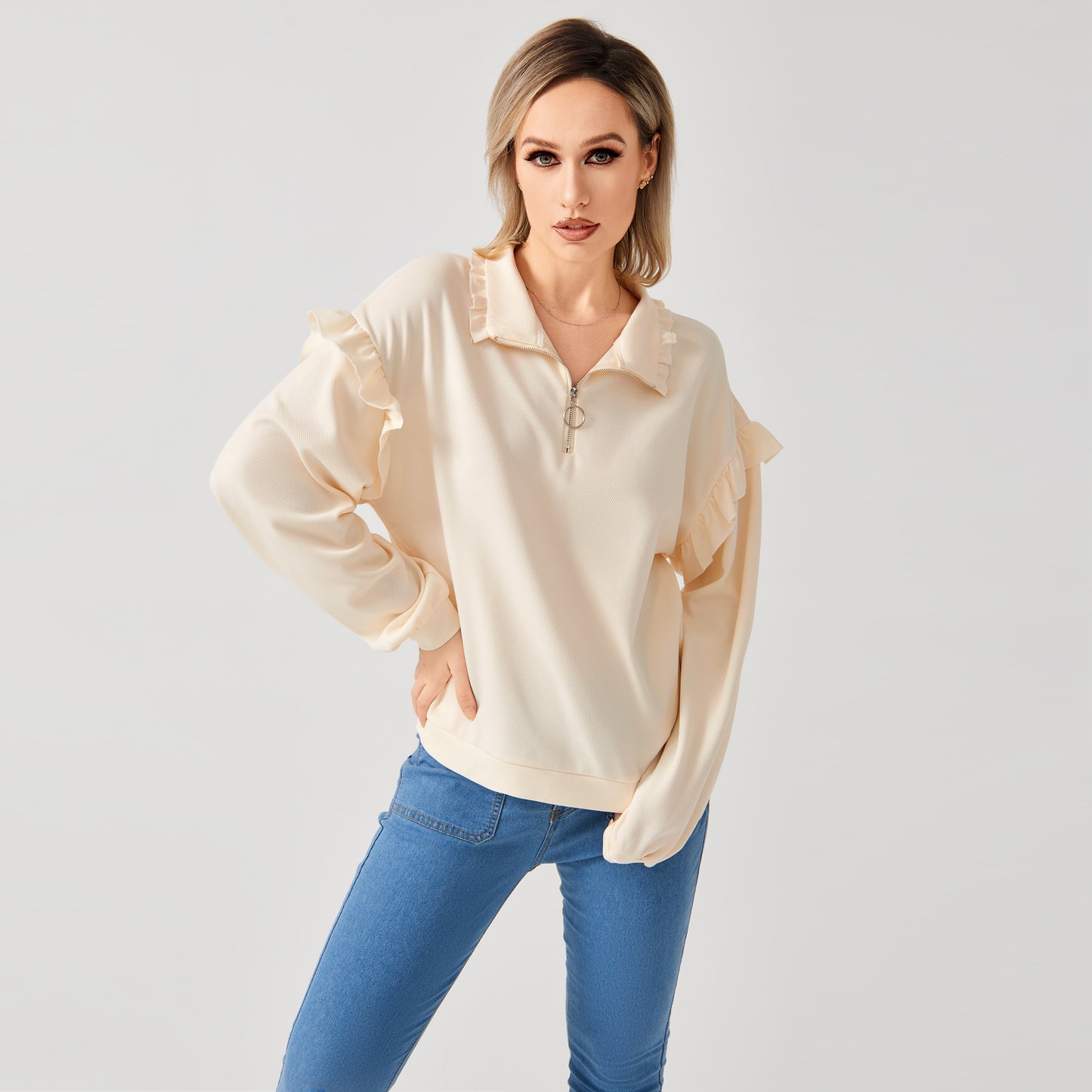 Casual Ruffle Trim Half Zip Sweater