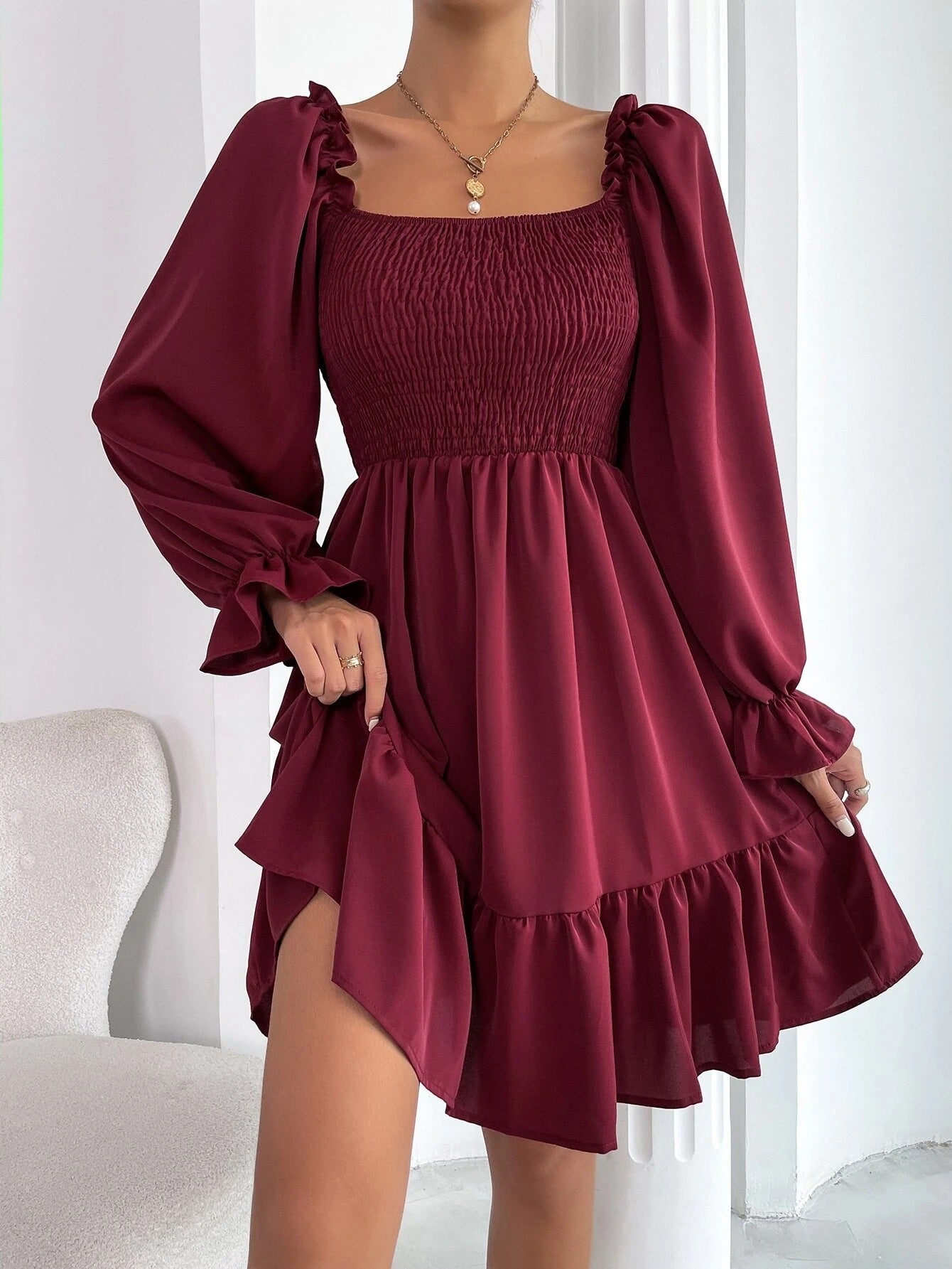 Square Neck Ruffled Swing Dress