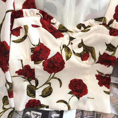 Rose Printed Square Collar Shirt For Women