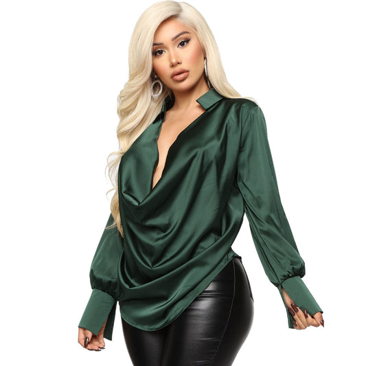 Temperament Long-sleeved Deep V-neck Satin All-match Top