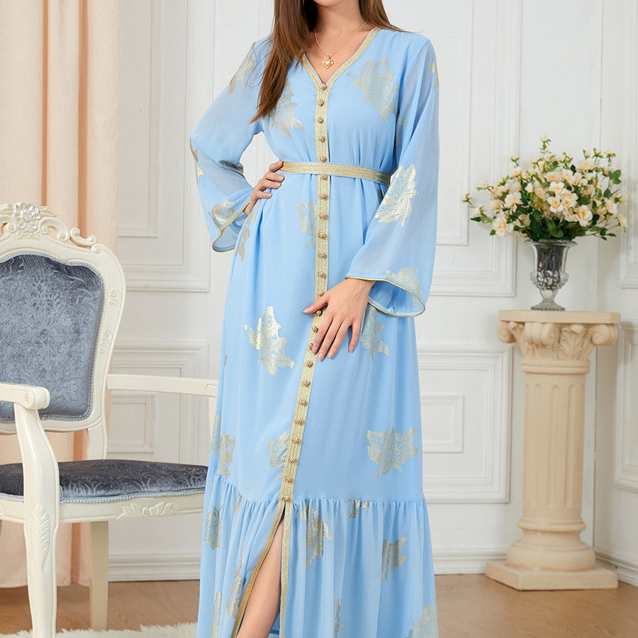 Casual Long-sleeved Gold Pattern Dress