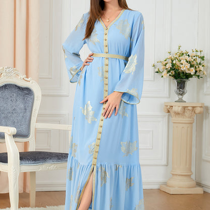 Casual Long-sleeved Gold Pattern Dress