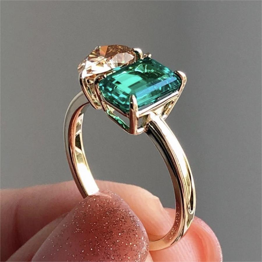 Creative Double Main Stone Lady Green Yellow Zircon Square Stone Ring