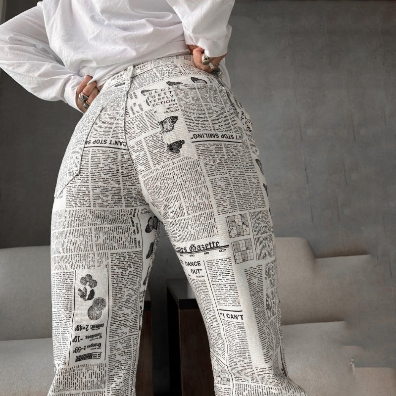 Beige Print Straight Patchwork Pants