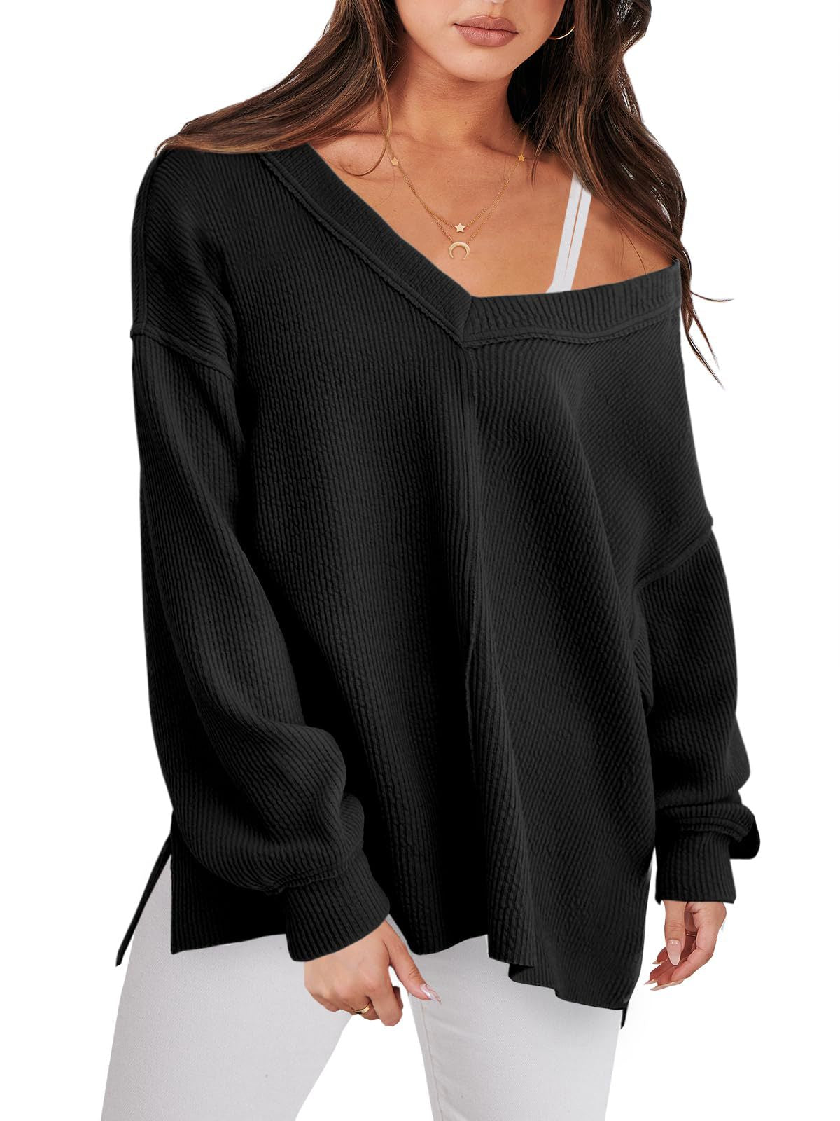 V-neck Casual Long Sleeve Ribbed Knit Side Slit Pullover Sweater