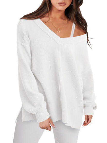 V-neck Casual Long Sleeve Ribbed Knit Side Slit Pullover Sweater