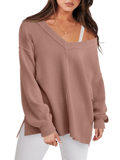 V-neck Casual Long Sleeve Ribbed Knit Side Slit Pullover Sweater