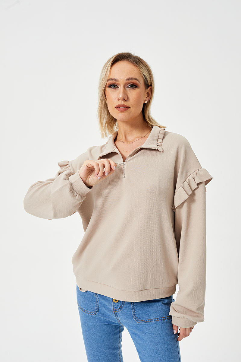 Casual Ruffle Trim Half Zip Sweater